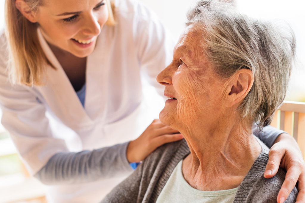 Speech-sub Medical professional giving sympathy to an elderly resident