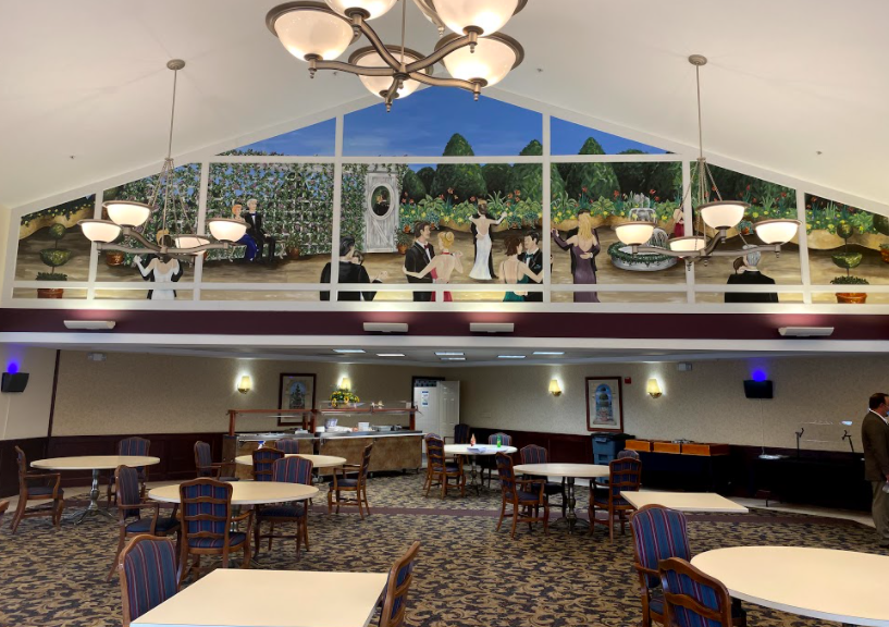 Ball room with large mural of people balldancing